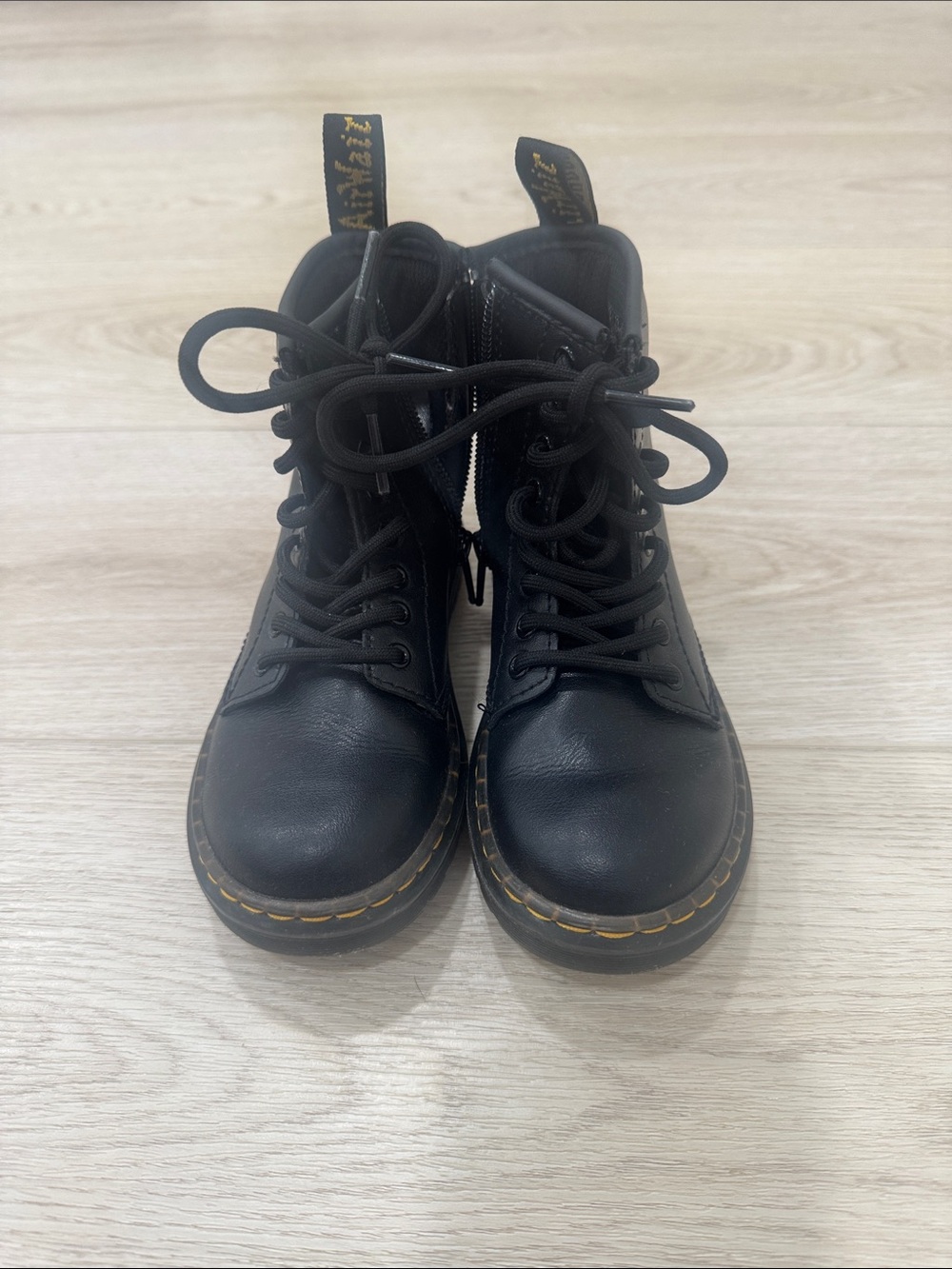 Dr. Martens Kids Black Lace-Up Combat Boots with Yellow Stitching